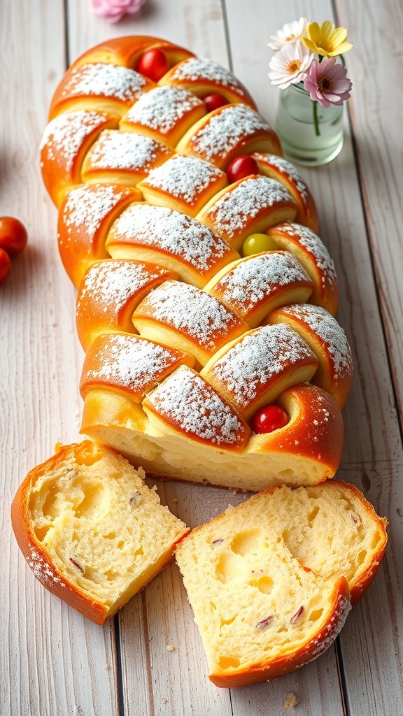 Braided gluten-free Easter bread with dried fruits, dusted with powdered sugar, on a rustic table.